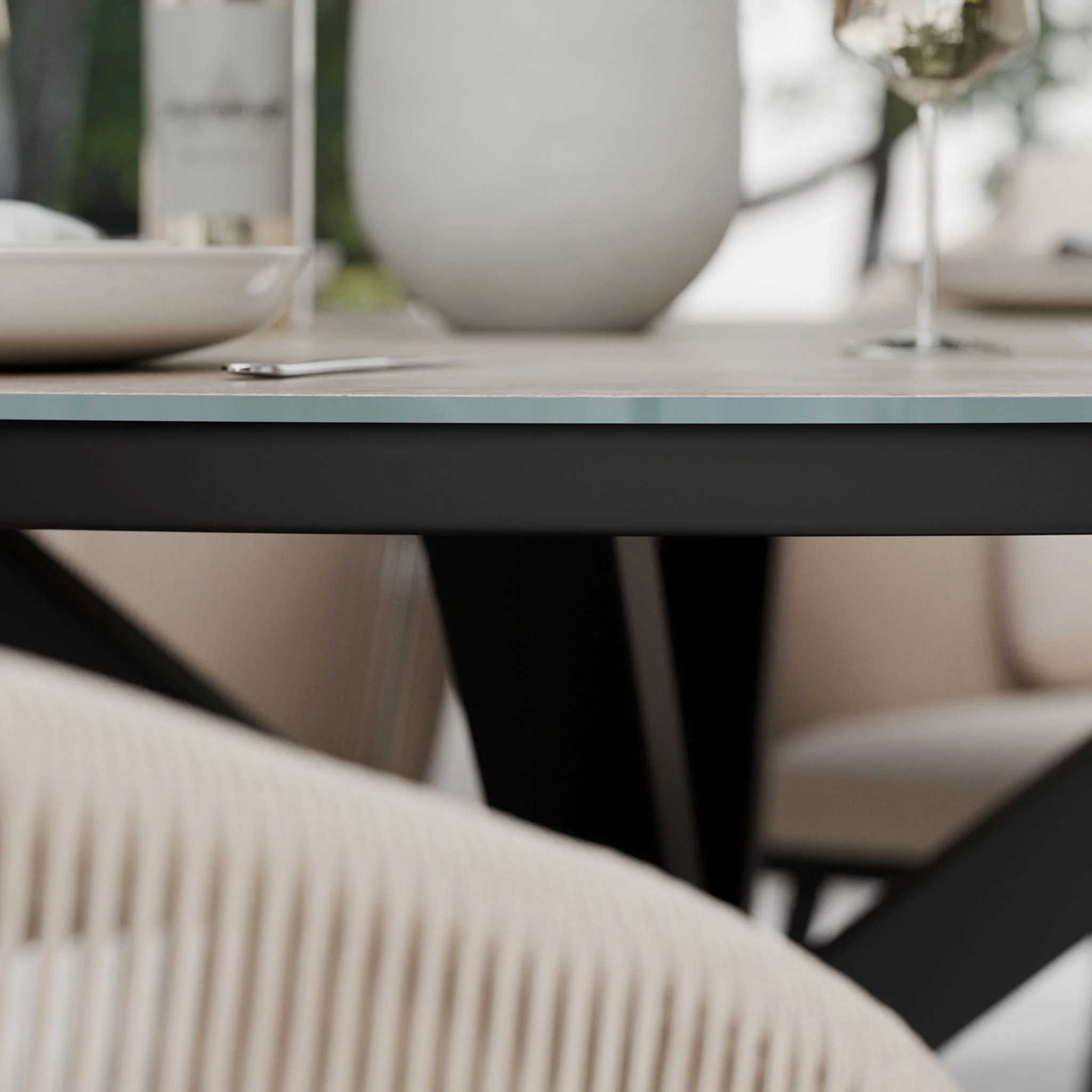 Bali 6 Seater Round Ceramic Glass Dining Set with Bali Rope Chairs - Image 4